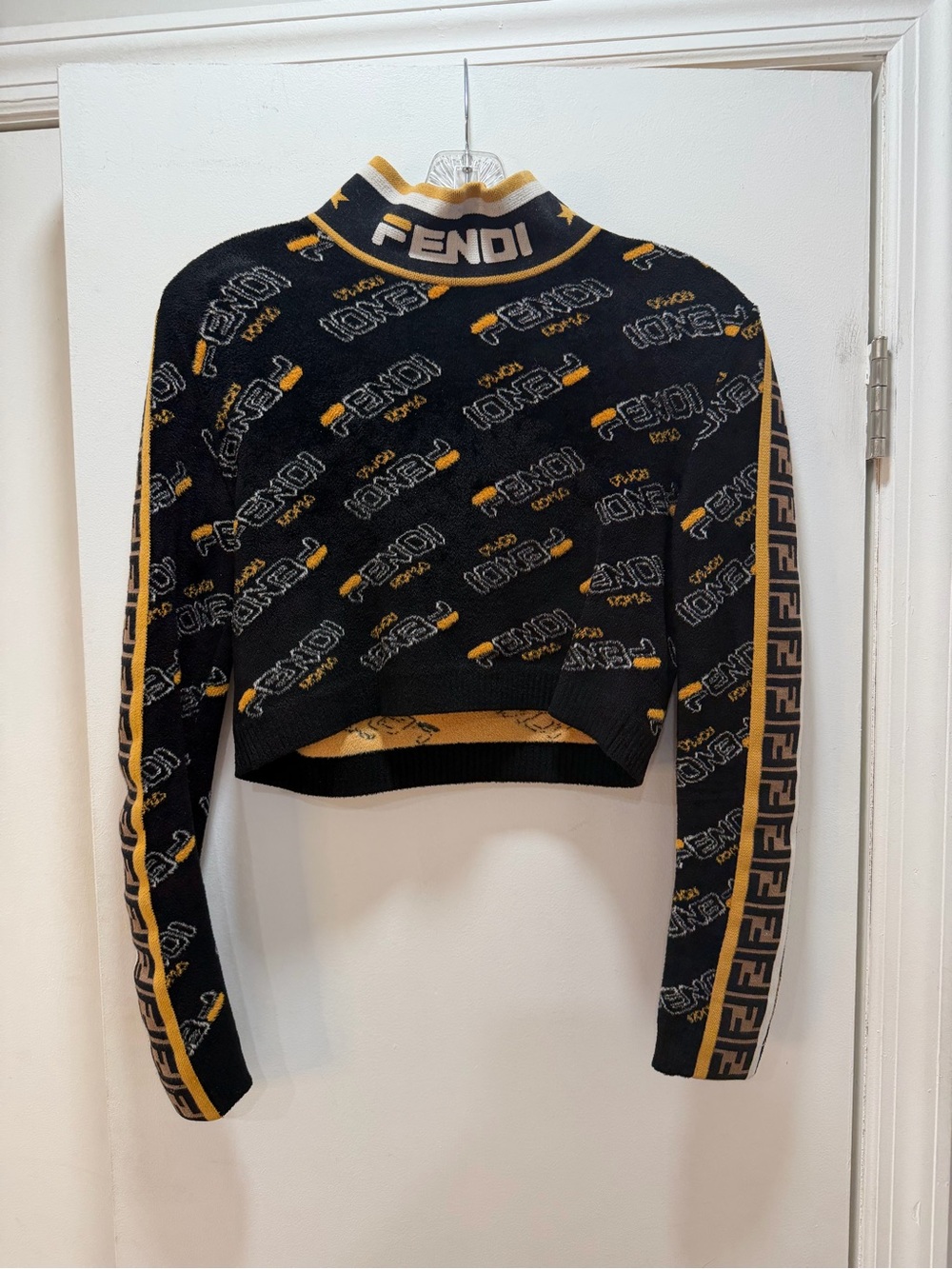 Fendi Black & Gold Branded Cropped Turtleneck Sweater